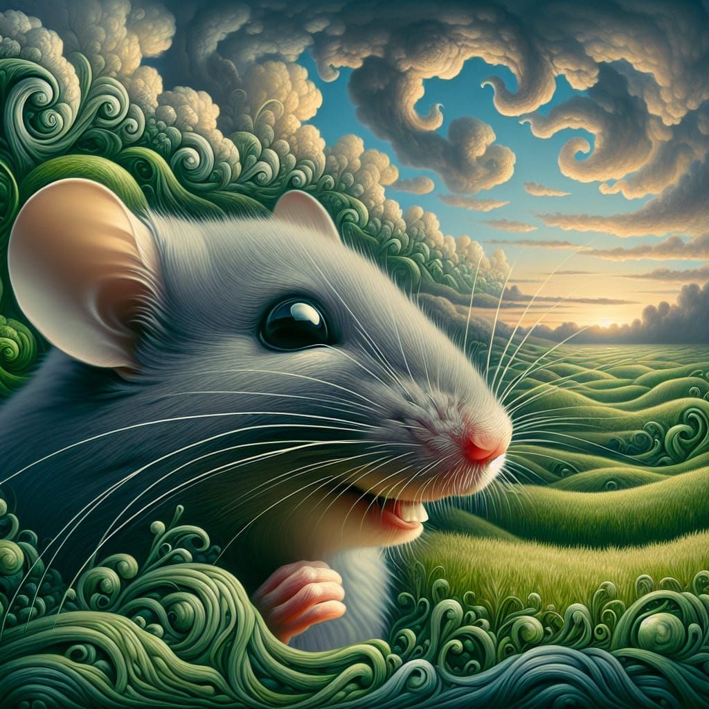 Surreal Symbolist Masterpiece: Charming Grey Mouse in Lush M...