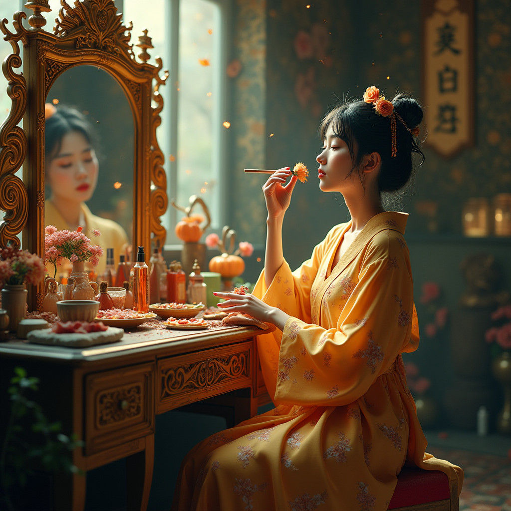 Japanese Woman Applying Makeup in Dreamlike Fantasy Art