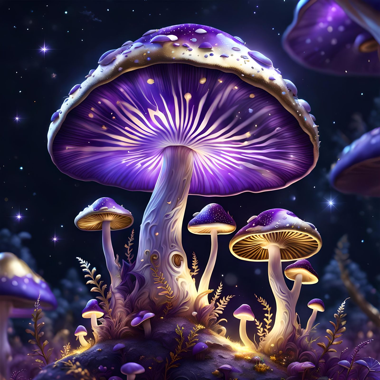 Celestial Purple and Gold Fantasy Mushrooms
