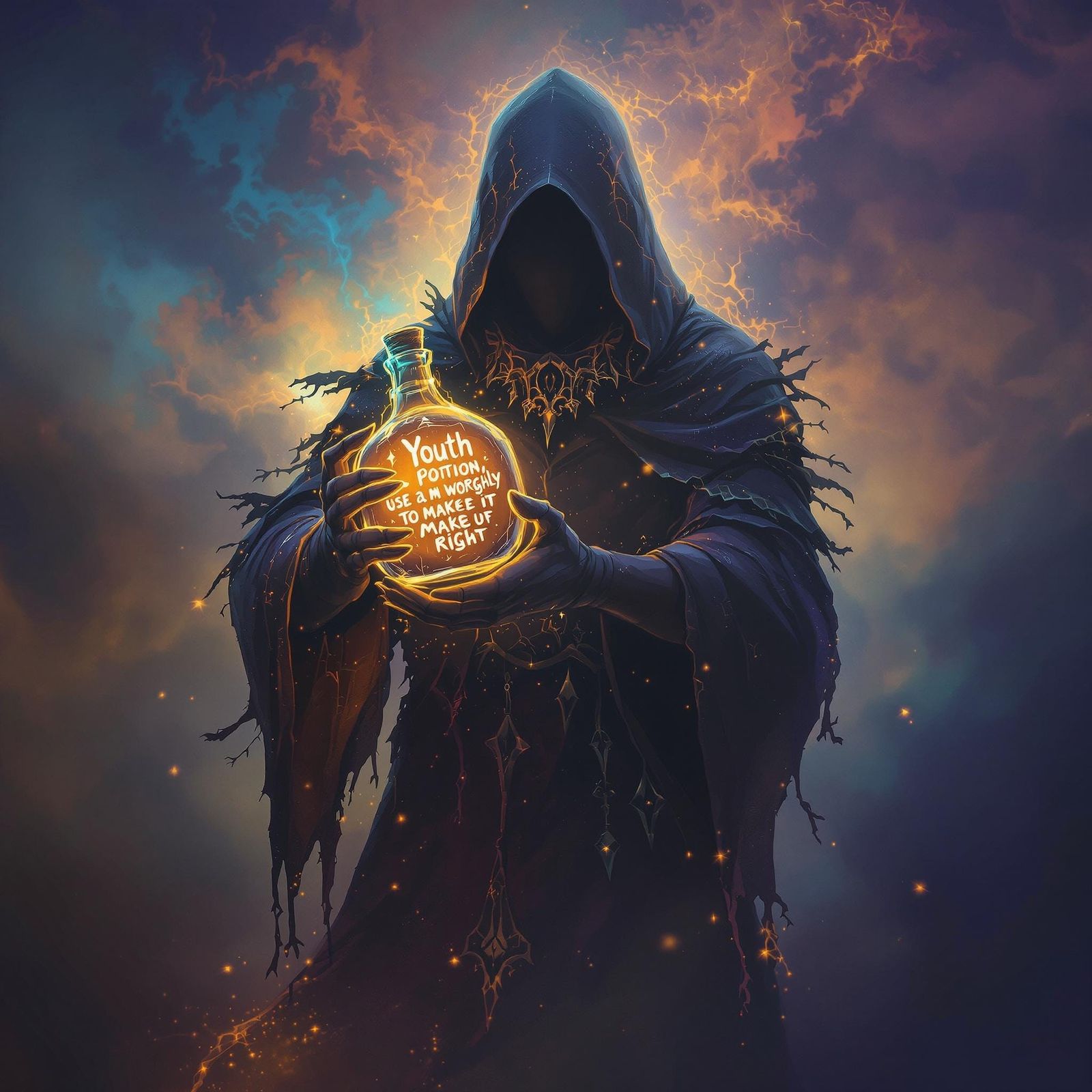 Mysterious Figure Holds Glowing Potion Bottle in a Fantastic...