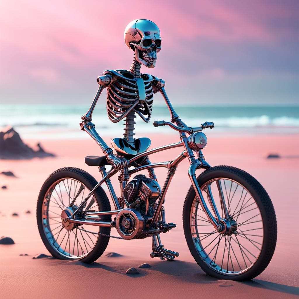Skeleton Rides Bicycle on Beach in Sci-Fi Style