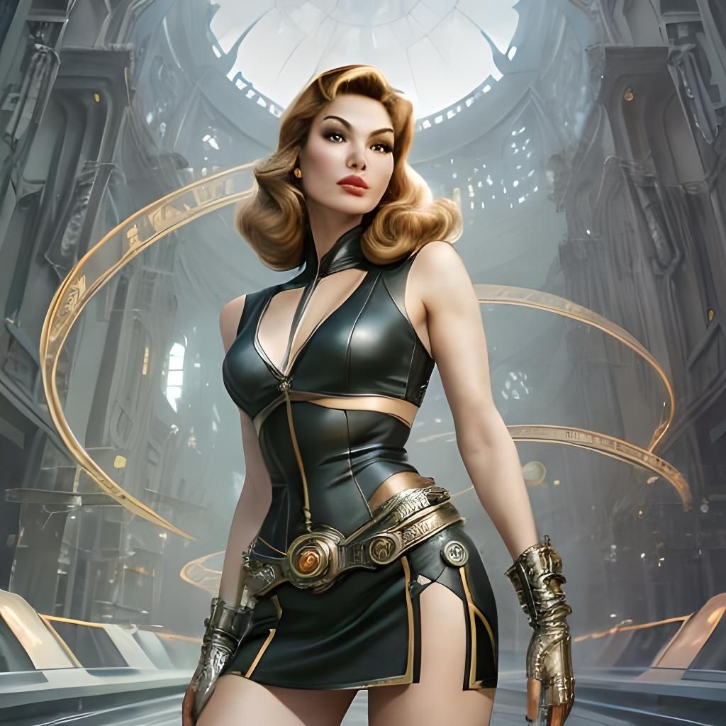 Retro Sci-Fi Pinup Girl in Surreal Landscape