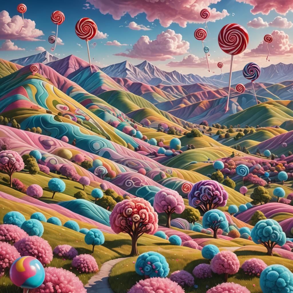 Sweet Fantasy Landscape with Candy Trees and Clouds