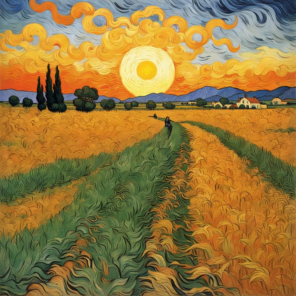 Wheatfield Sunset: Impressionist Painting in Orange and Yell...
