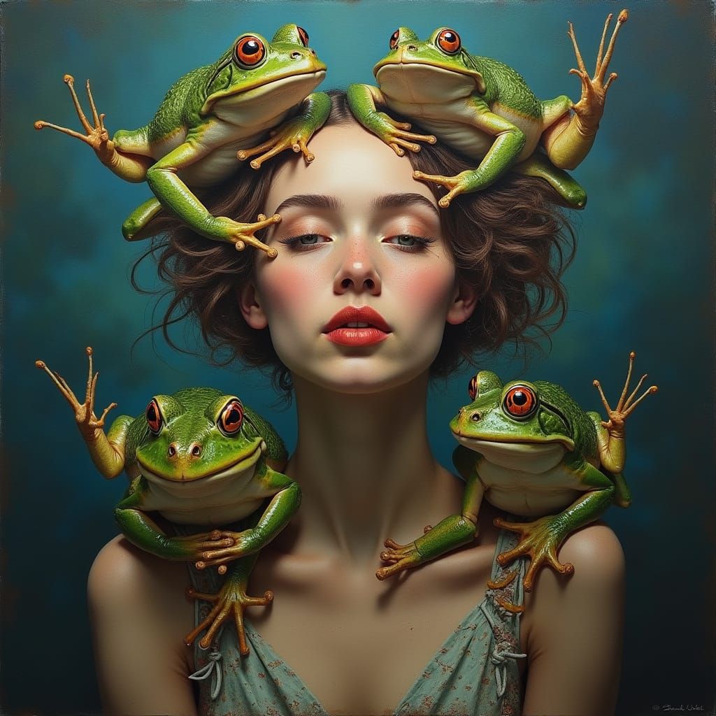 Surreal Woman Frogs Synergy in Deep Color Oil Painting