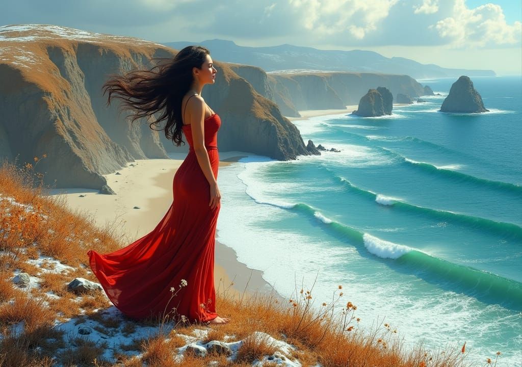 Hourglass Lady on Windswept Hill in Oil Painting Style