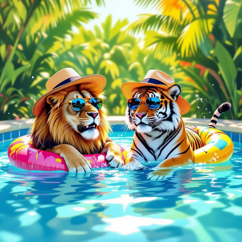 Lion and Tiger Pool Party in Digital Art Style
