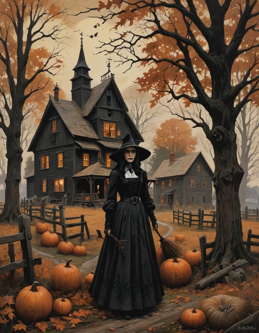 Sinister Puritan Witch in Autumnal Gothic Farm