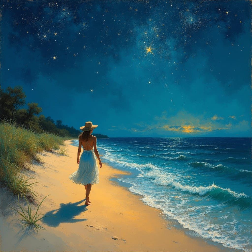 Impressionist Woman Walks on Moonlit Beach
