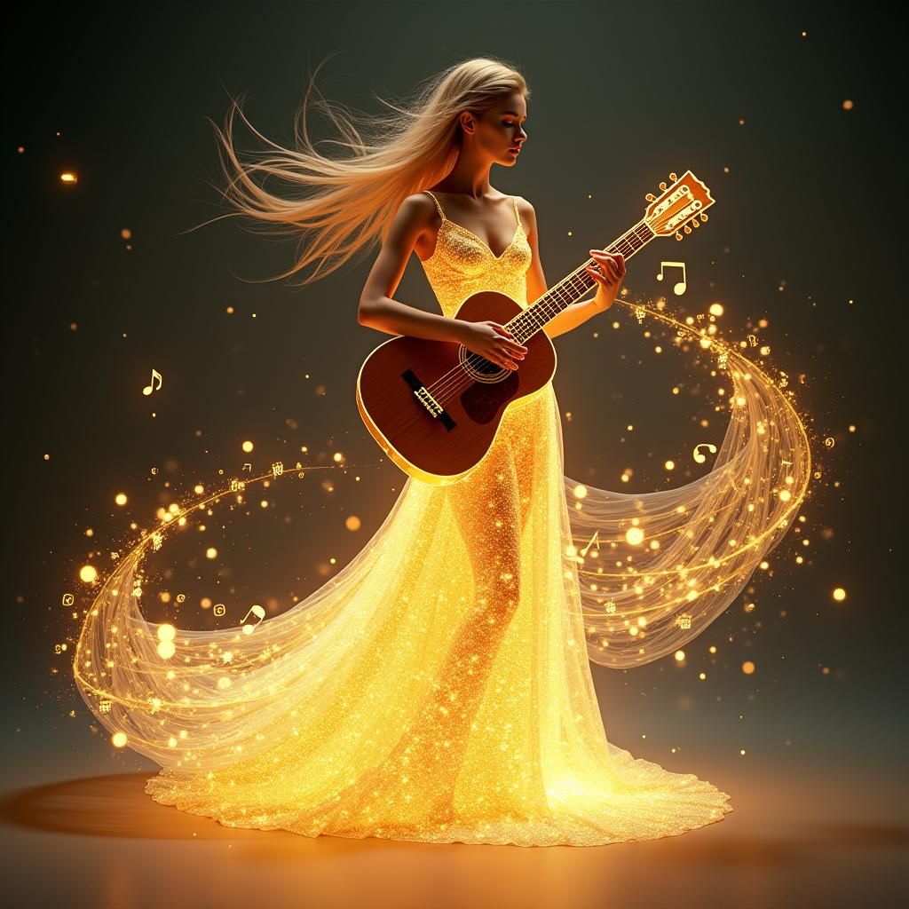 Luminous Woman in Musical Note Gown, Fantasy Art