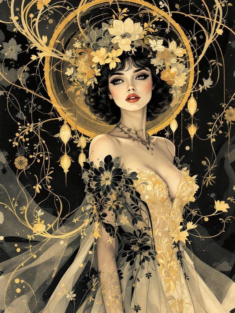 Radiant Woman in Sumi-e Nouveau Style