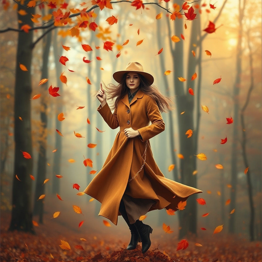 Ethereal Autumn Dance: Woman in Impressionist Forest