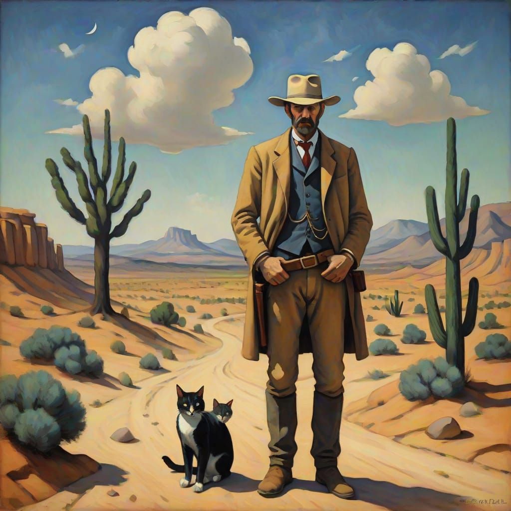 Cowboy and Cat in Desert Landscape, Oil Painting