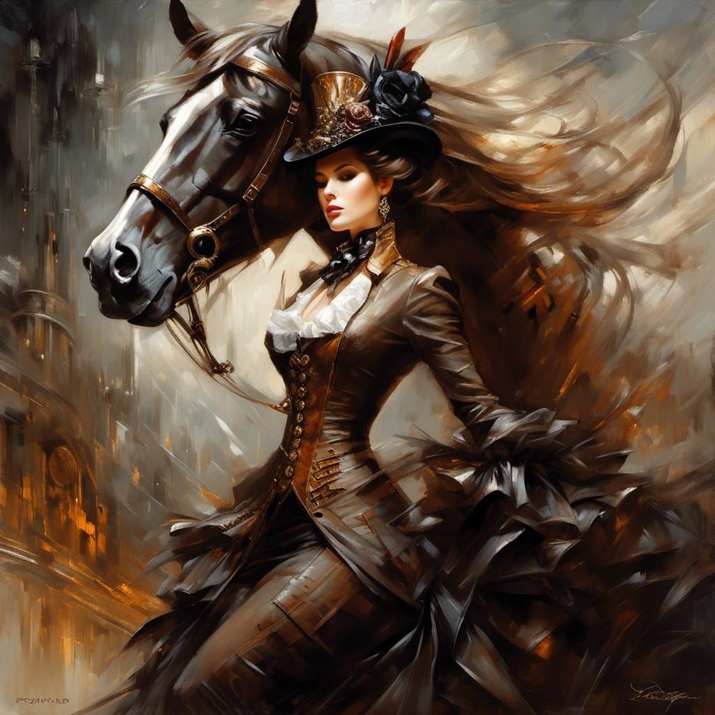 Steampunk Woman and Horse in Oil Painting Style