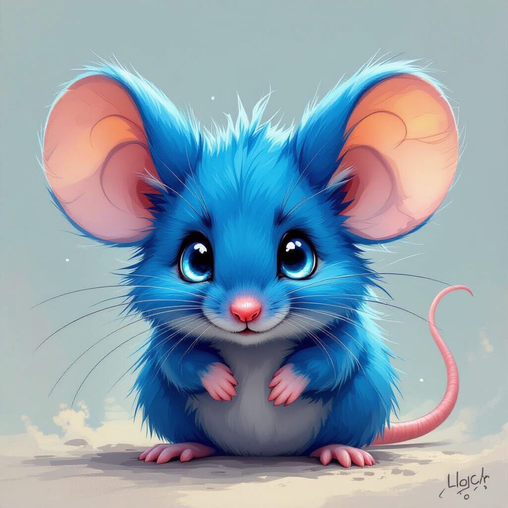 Whimsical Blue Mouse with Enormous Ears Illustration