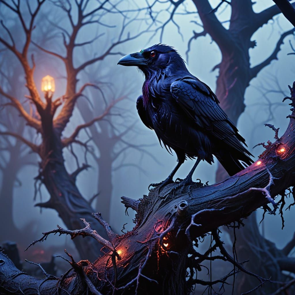 Skeletal Raven in Haunted Forest: Gothic Horror