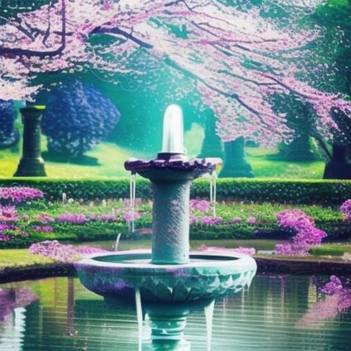 Water fountain with Beautiful crystal clear blue water& large water spout& Beautiful garden surrounding it& Beautiful ch...