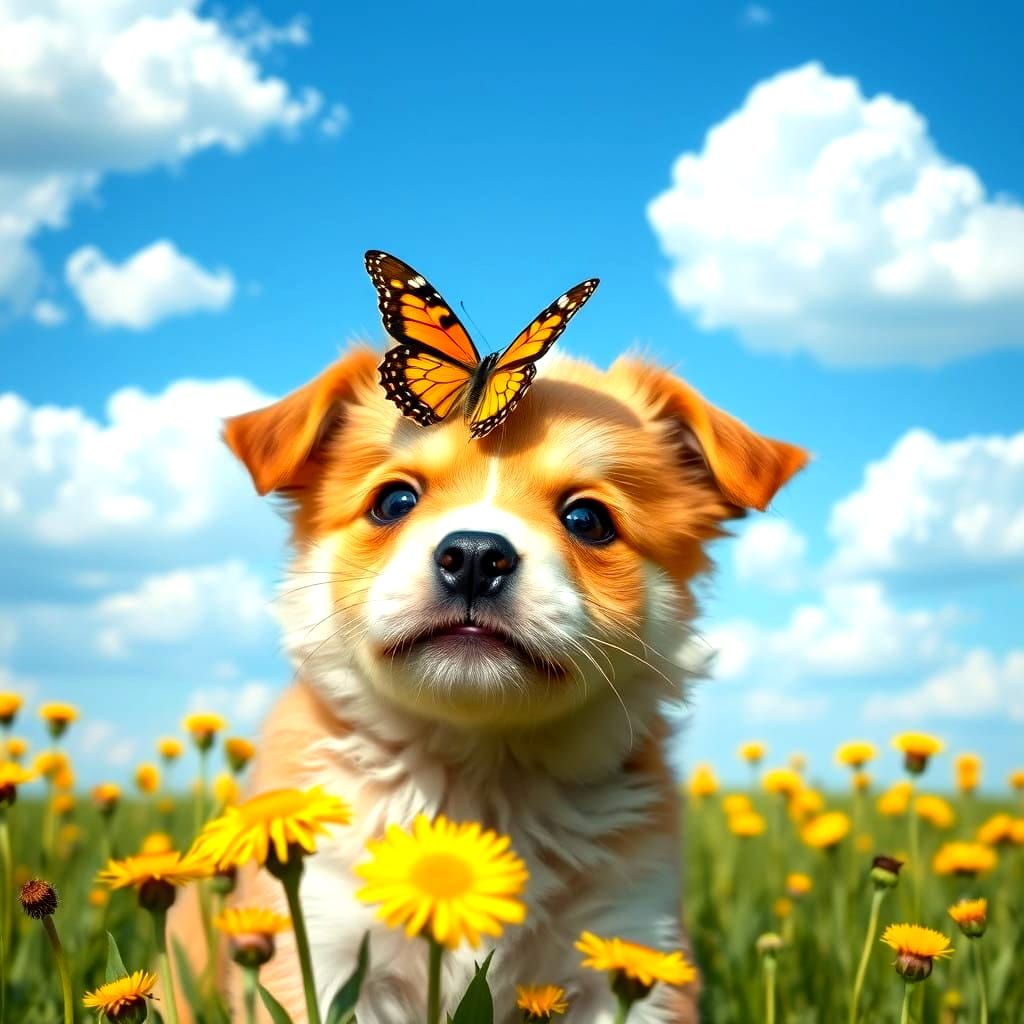 Butterfly on Puppy's Nose in Dandelion Field