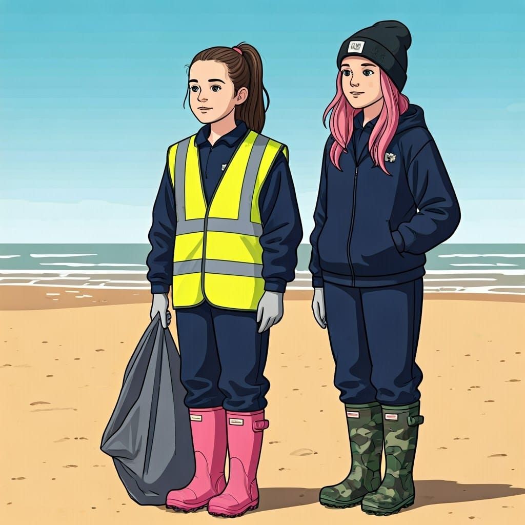 Girls Clean Up Beach on School Trip