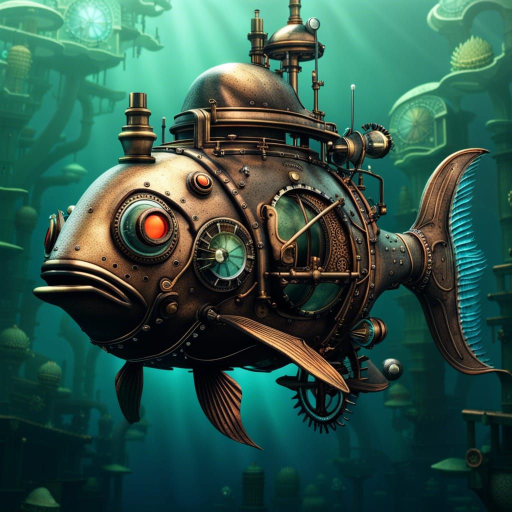 Steampunk Submarine Fish in Hyperreal Underwater Scene
