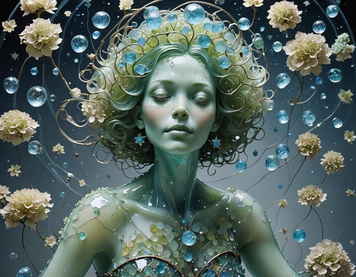 Glass Woman Sculpture Floating in Starry Space