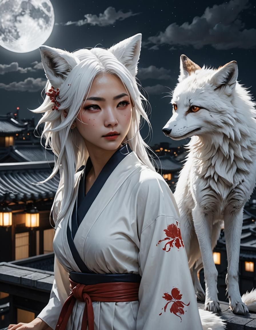 Beautiful Fox Girl on Japanese Rooftop Under Moon