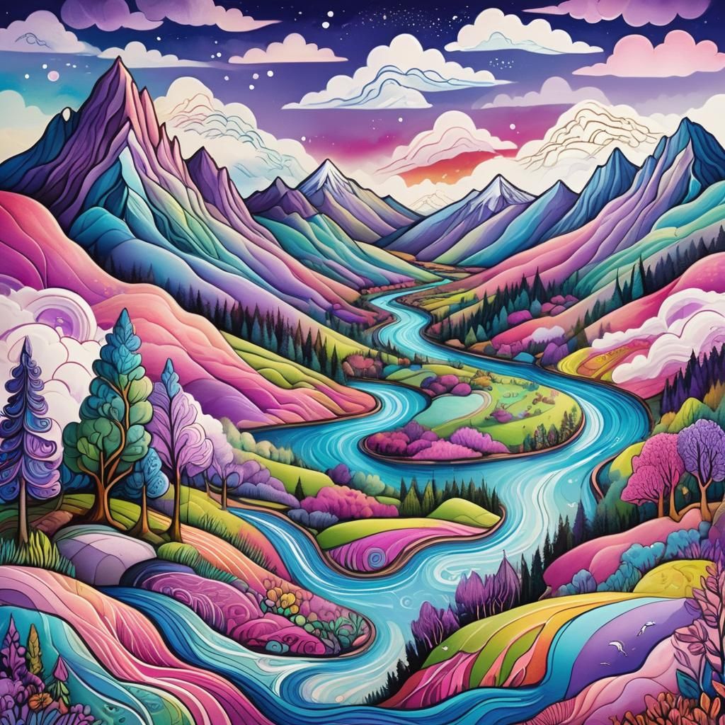 Dreamy Doodle Landscape with River and Mountains