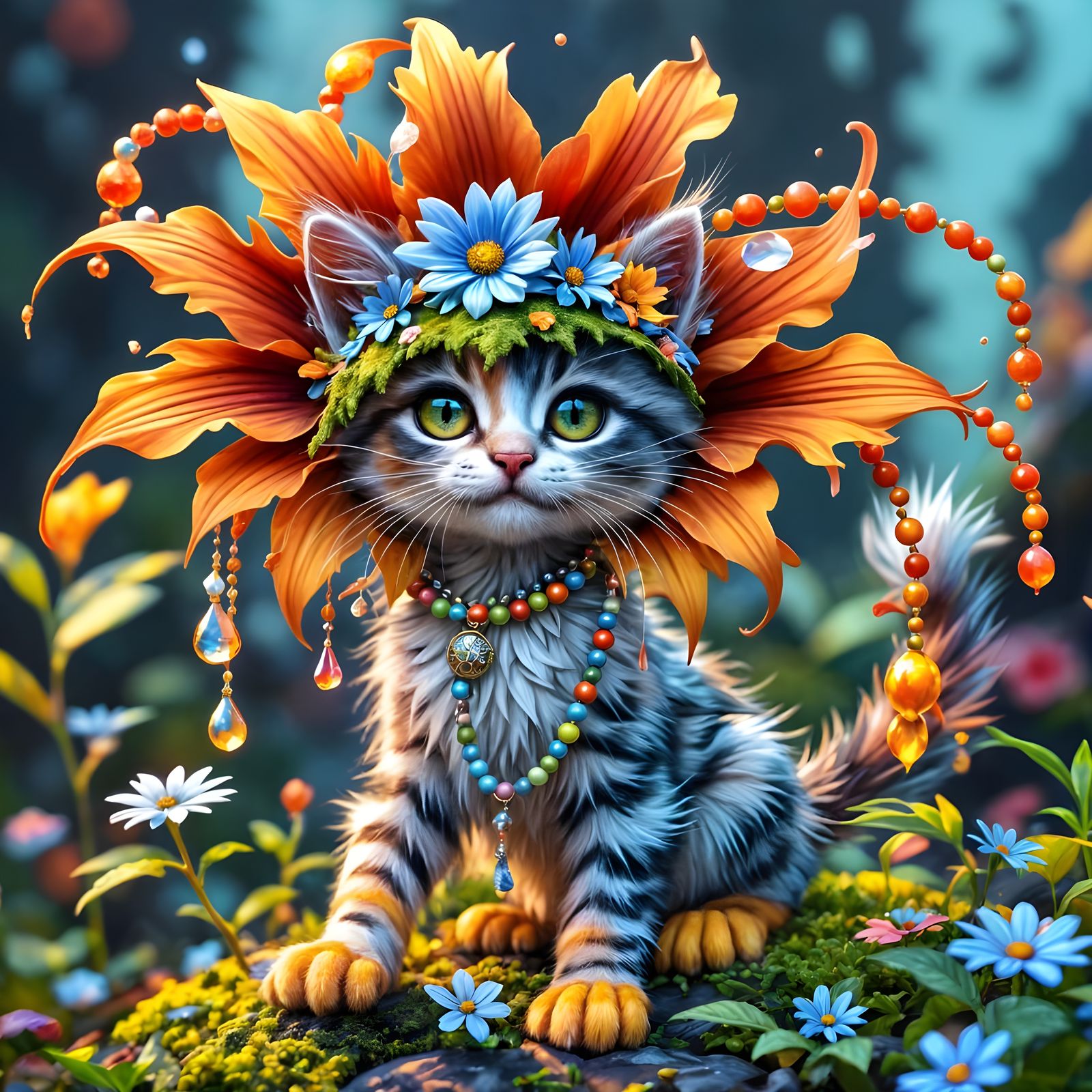 Fuzzy Flower Kitten in Detailed Fantasy Art