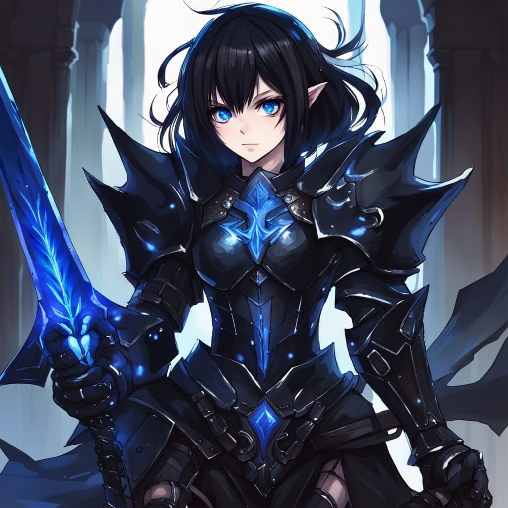Anime Girl with Black Horns and Blue Sword