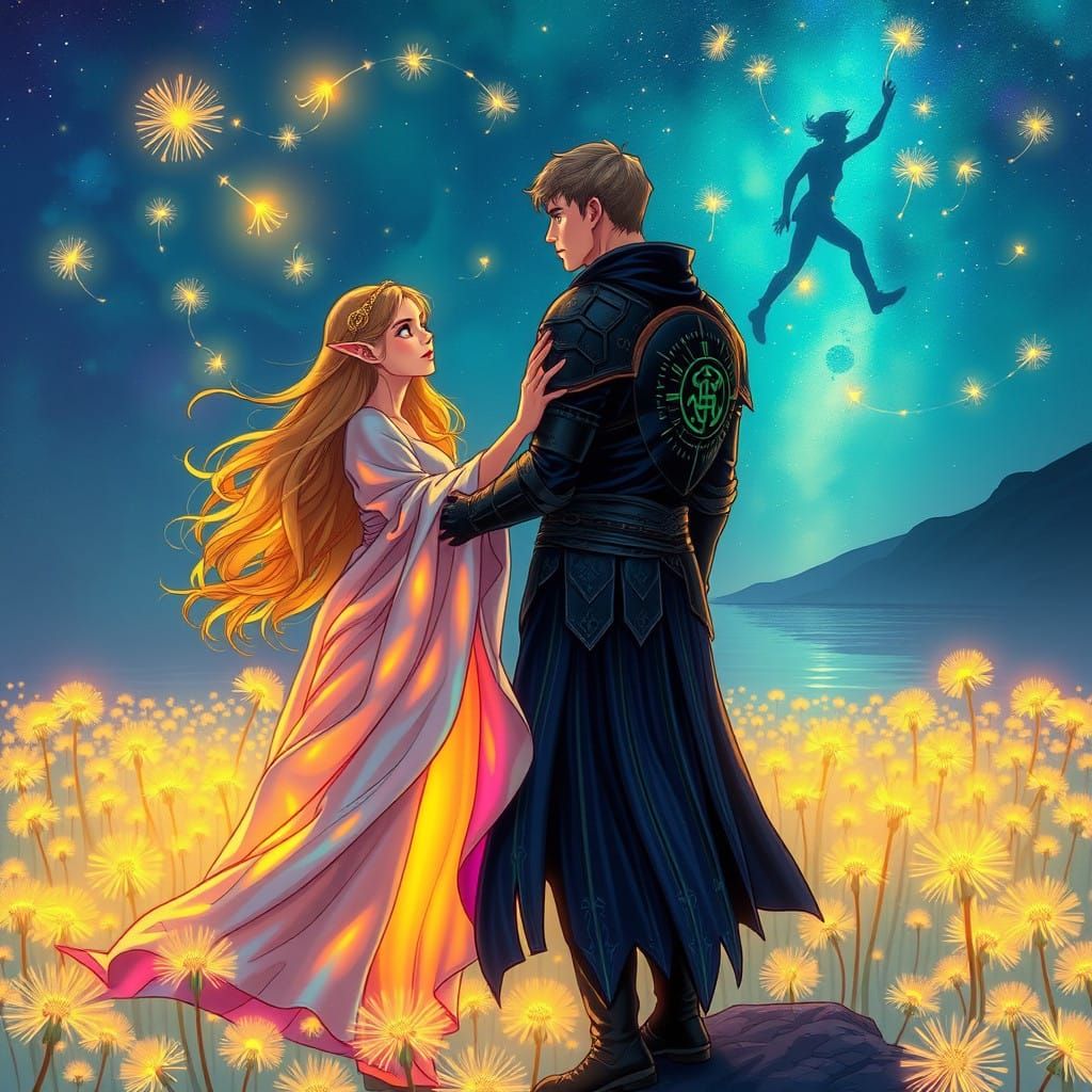 Stargazing Couple Amidst Glowing Dandelions in Iridescent Hu...