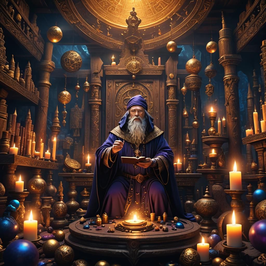 Mystical Chamber: Wizard Surrounded by Ritual Objects