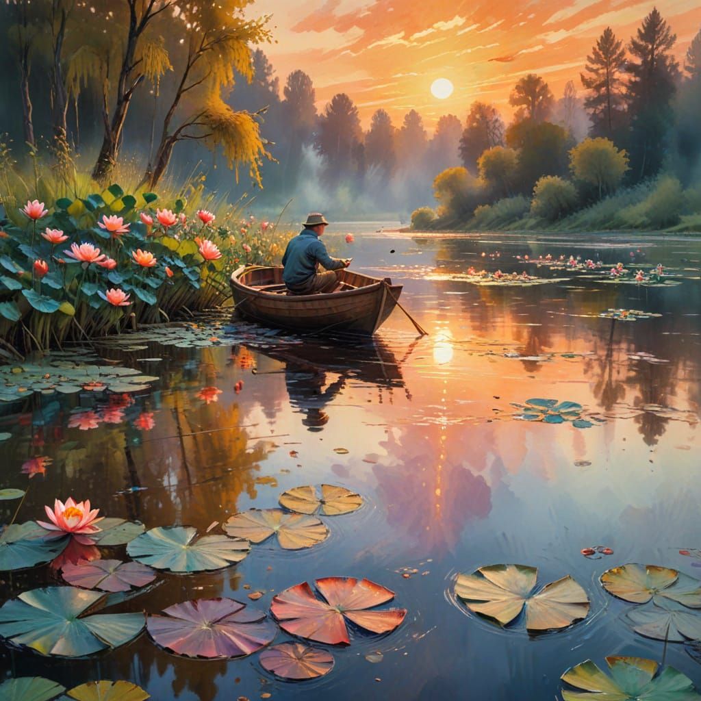 Angler in Boat: Impressionist River Scene