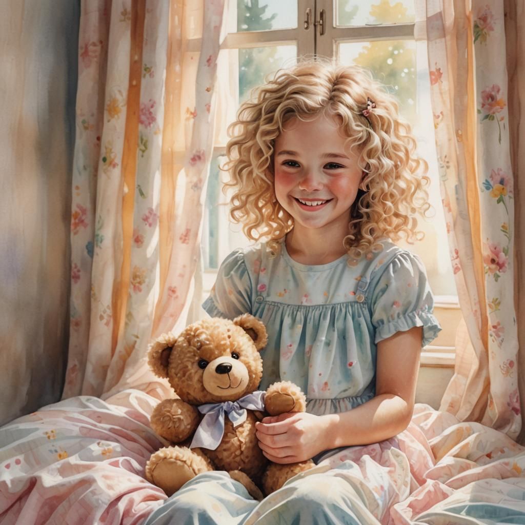 Girl with Teddy Bear in Pastel Watercolor Style