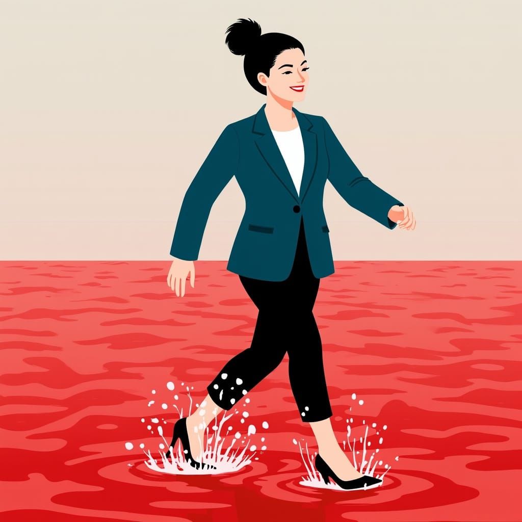 Woman Runs on Red Beach: Stylized Digital Illustration