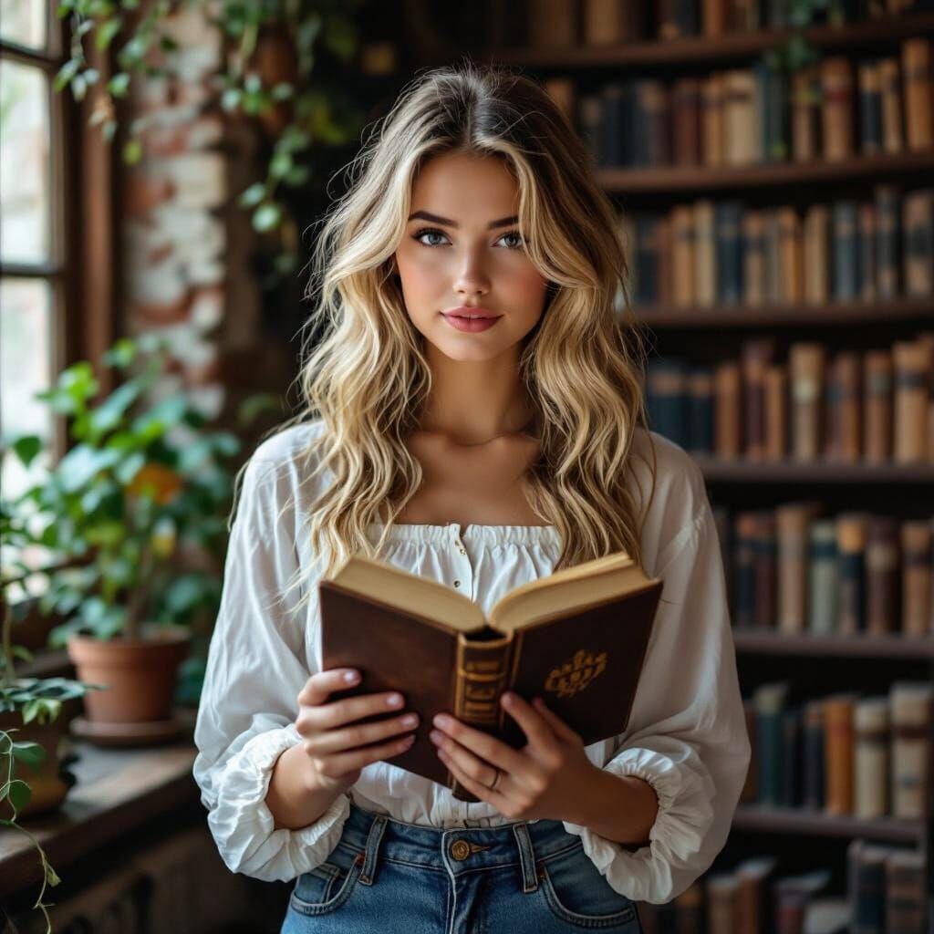 Young Woman Reading in an Ancient Library