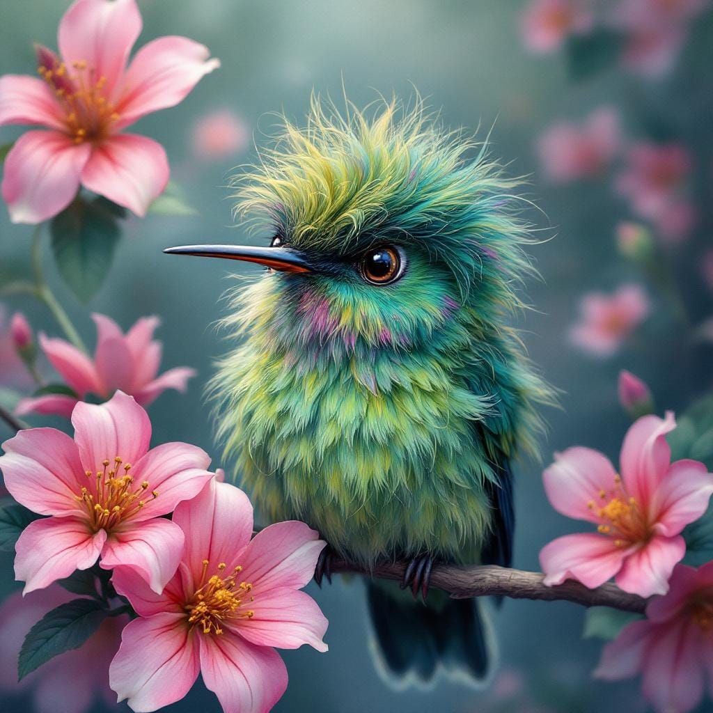 Whimsical Watercolor Hummingbird in Fantasy Landscape