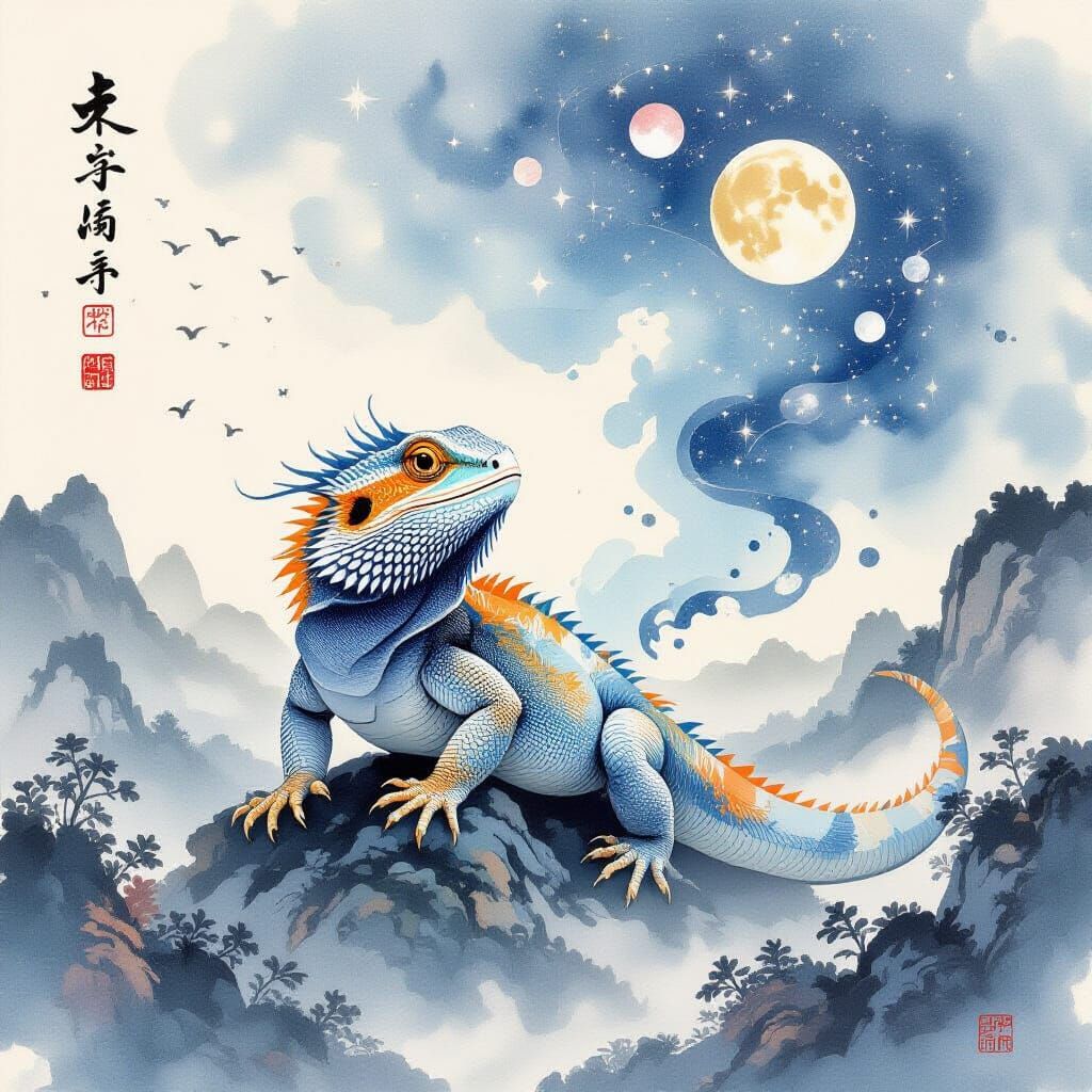 Bearded Dragon Transforms into Celestial Ink Art