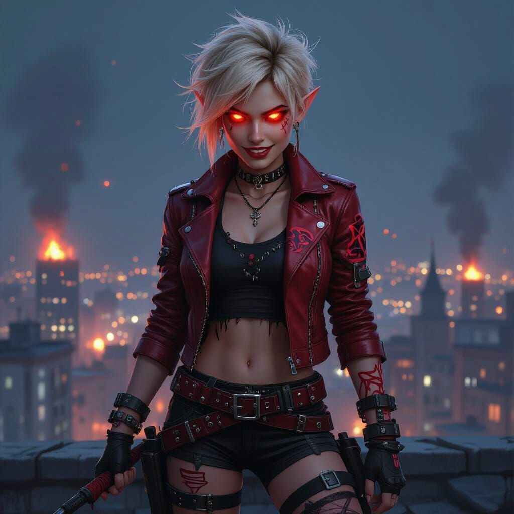 Sera the Red Jenny on Rooftop Overlooking Explosive City