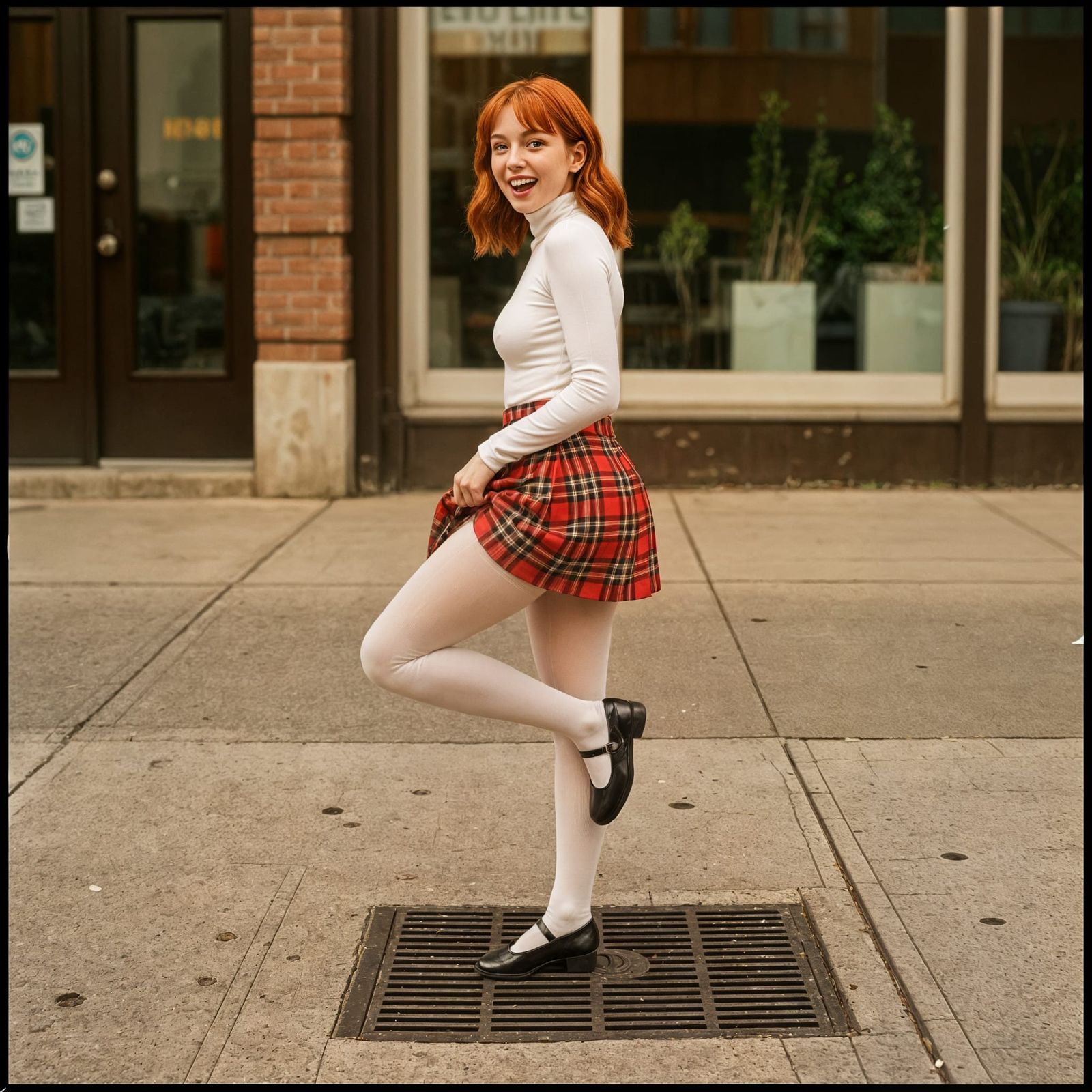 Whimsical Woman on Giant Vent in 35mm Film Style