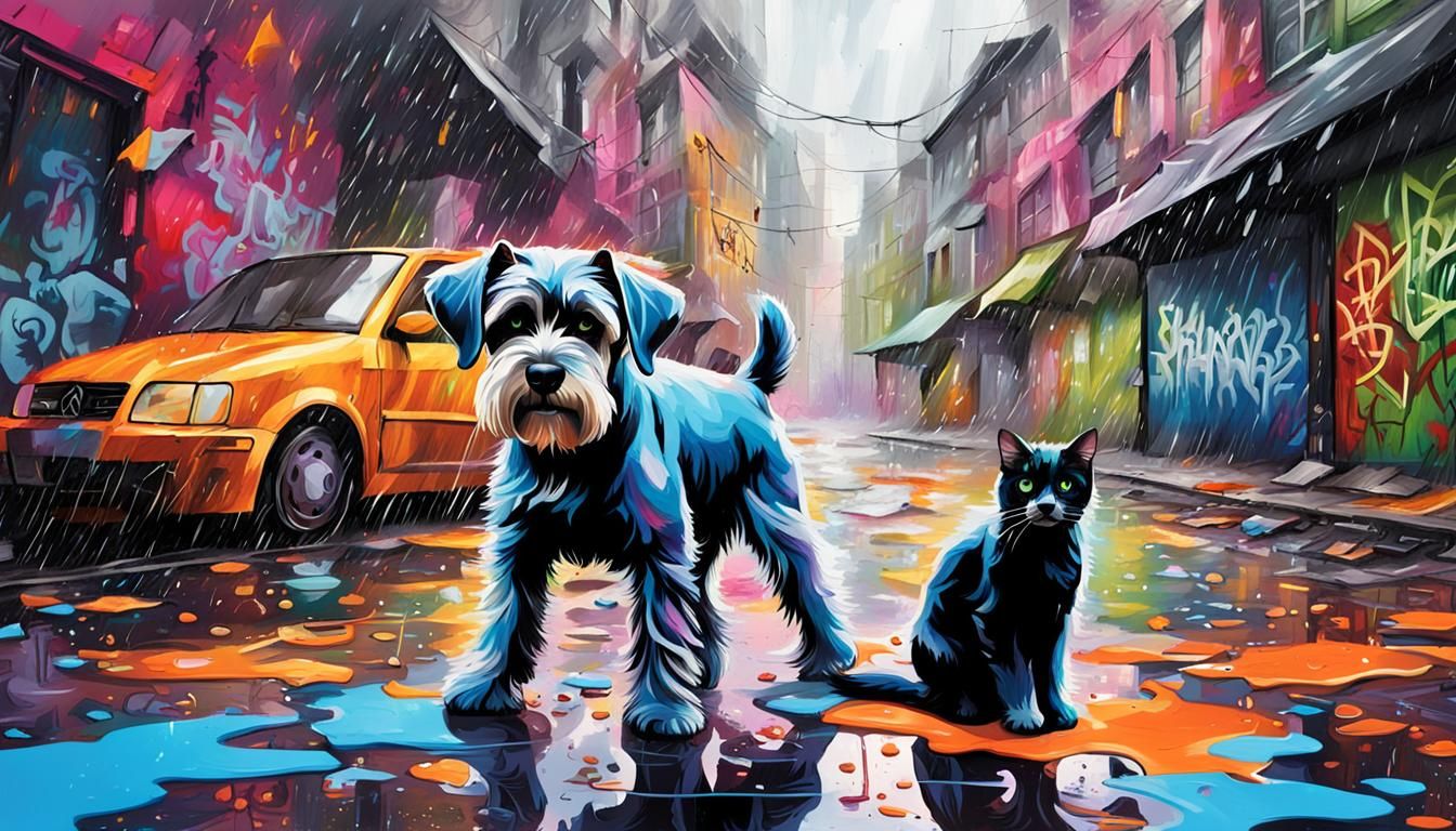 Schnauzer and Cat Lost in Graffiti City