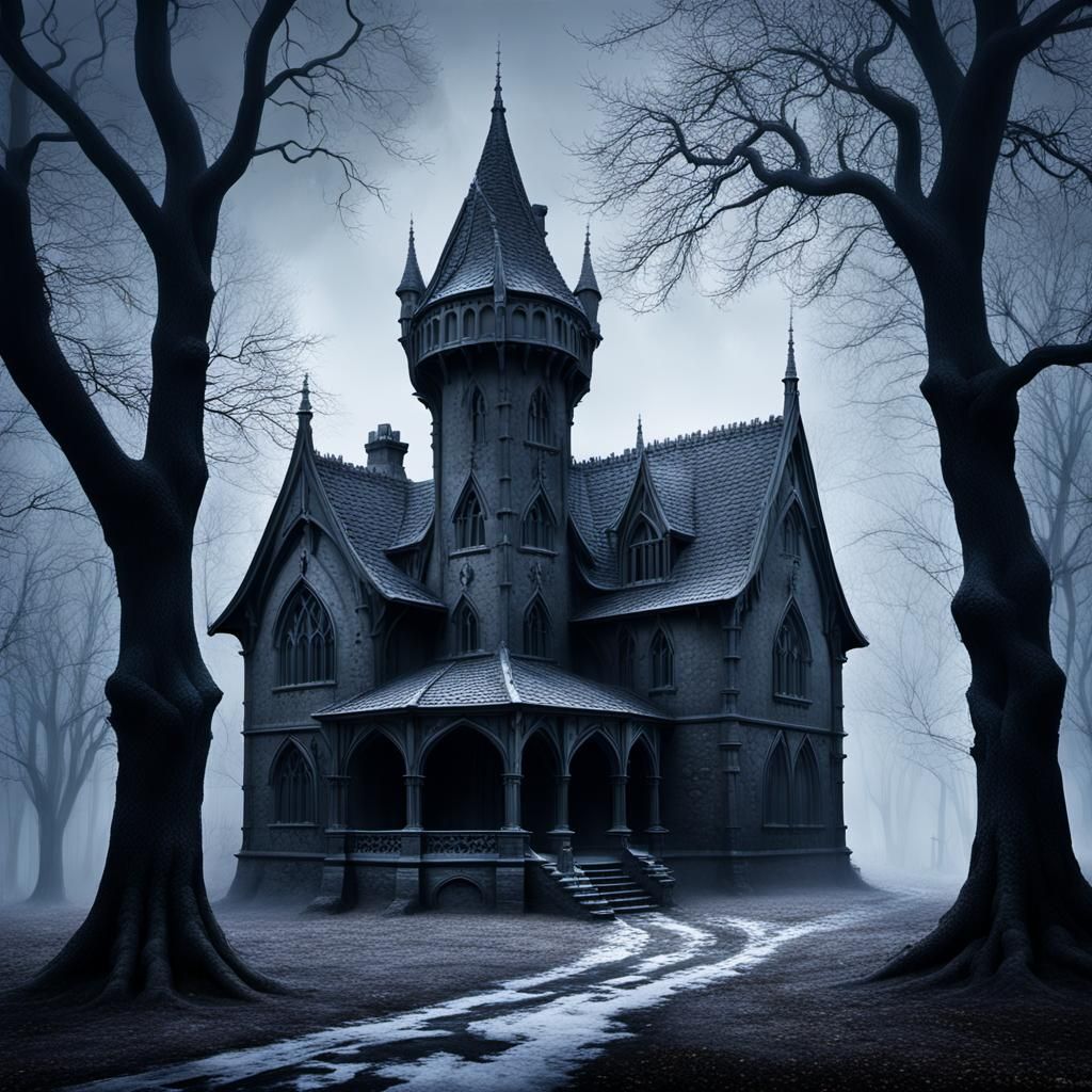Gothic House in Misty Woods