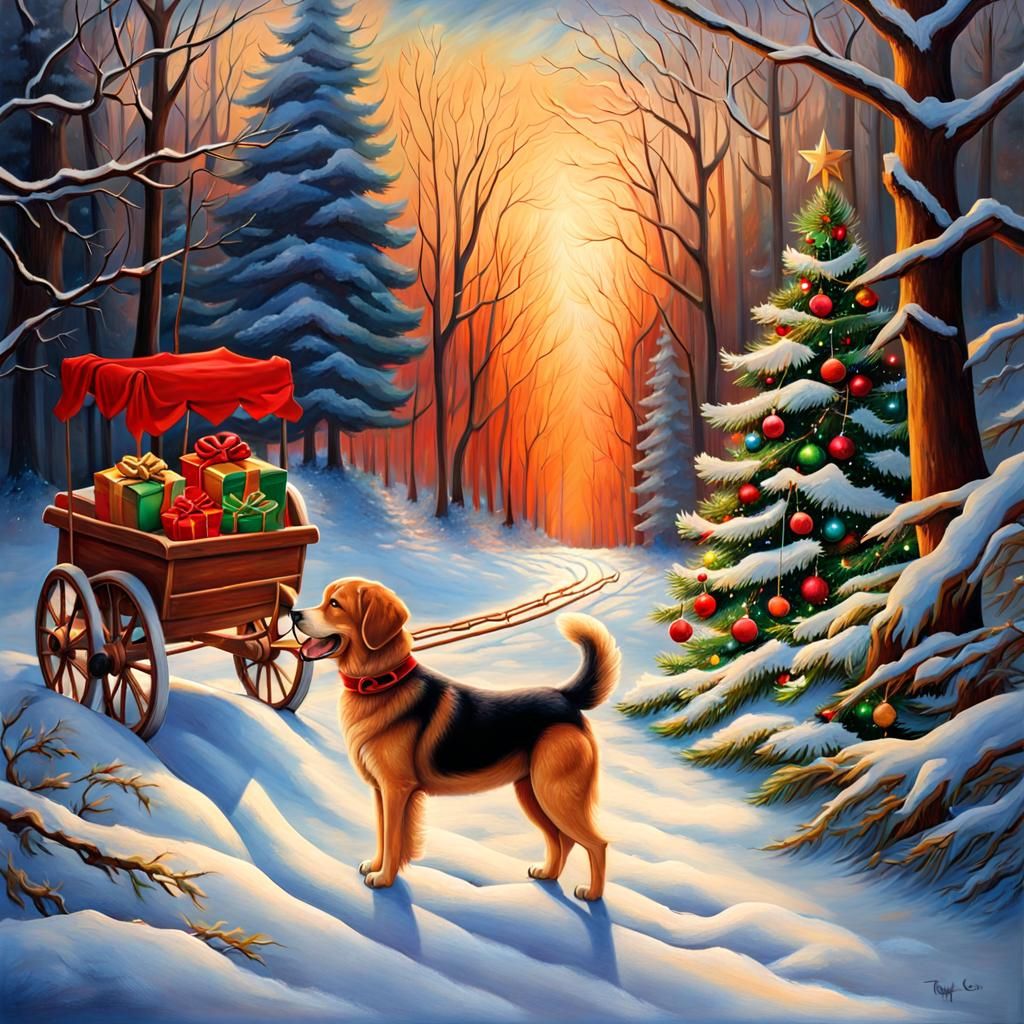 A dog bringing the Christmas gifts