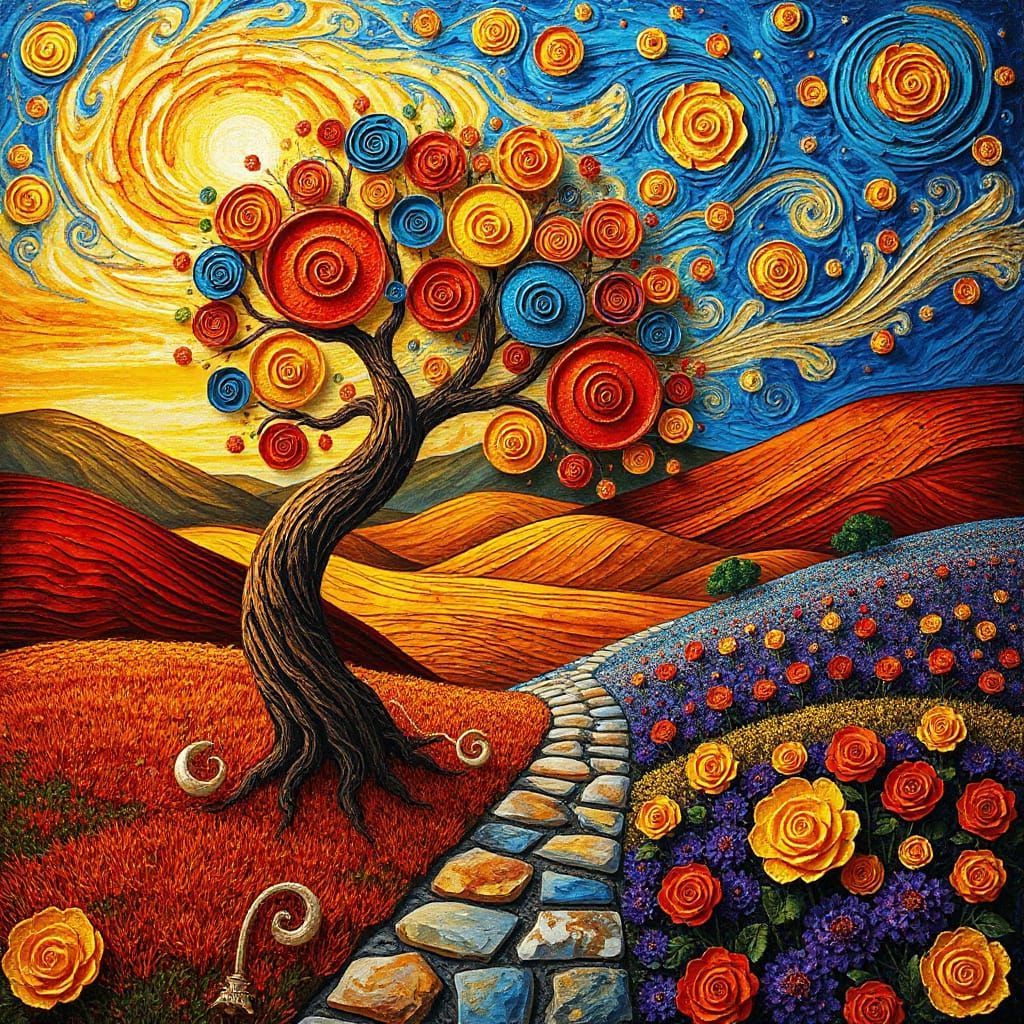 Fantastical Landscape with Swirling Sky and Spiral Tree