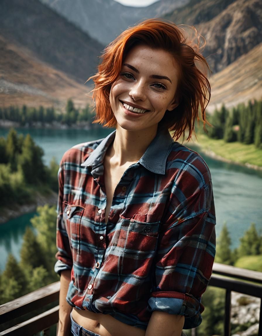 Woman on Balcony Overlooking Mountain Lake