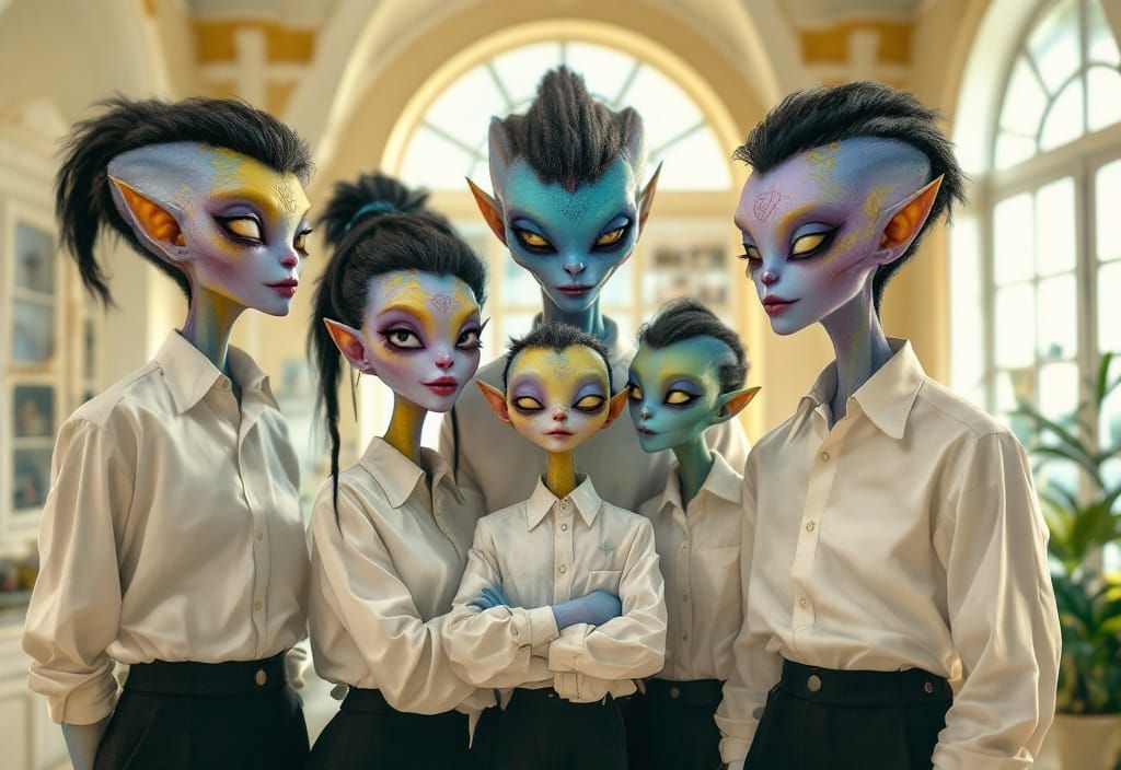 Happy Alien Family Portrait in Beautiful House