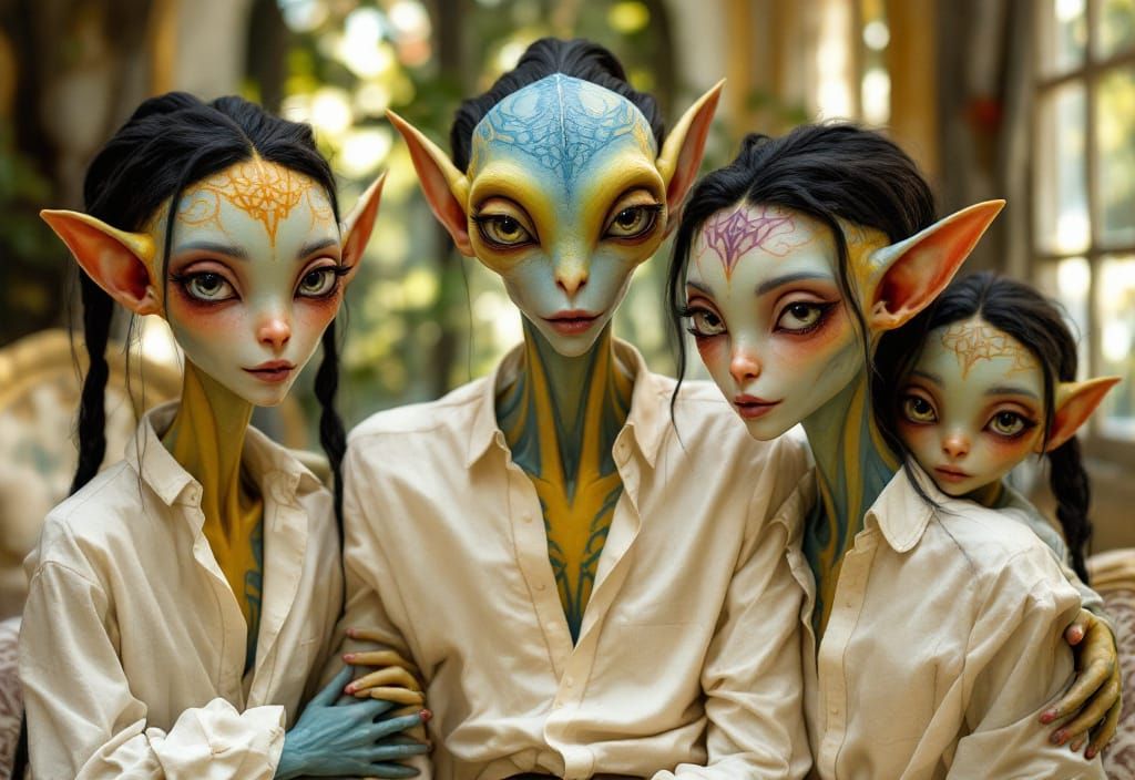 Happy Alien Family Portrait in Beautiful Home