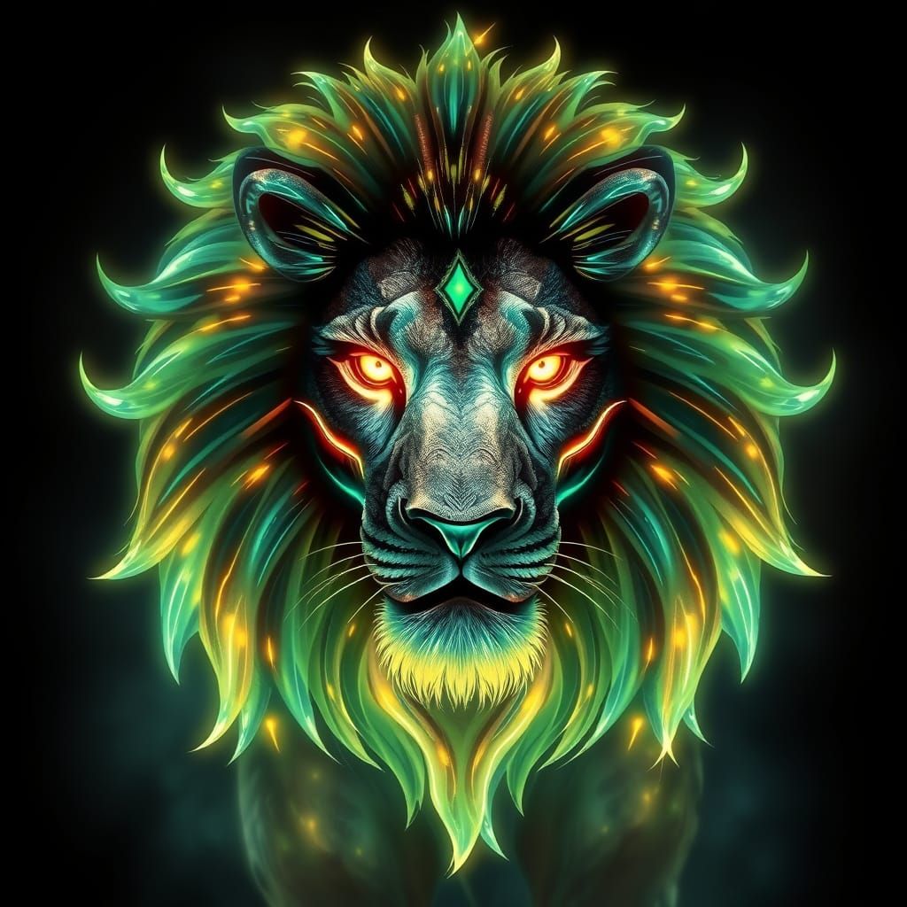 Luminous Metal Lion with Celestial Aura