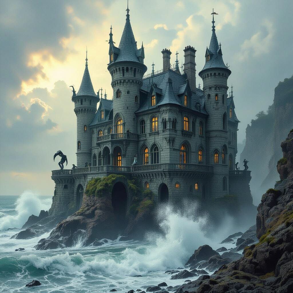Mystical Mansion on a Rocky Coast, Dreamlike Art