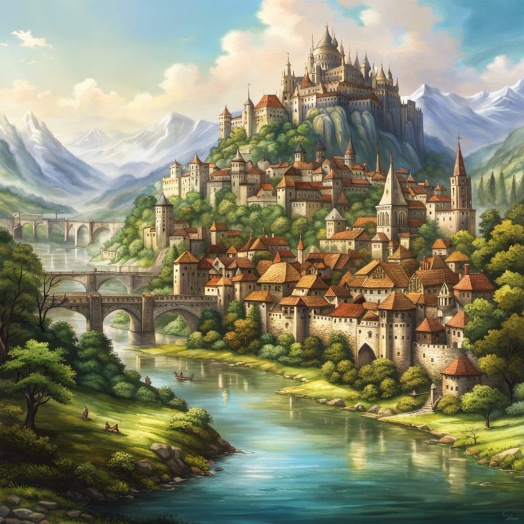 Lush Medieval City on River, Watercolor Style