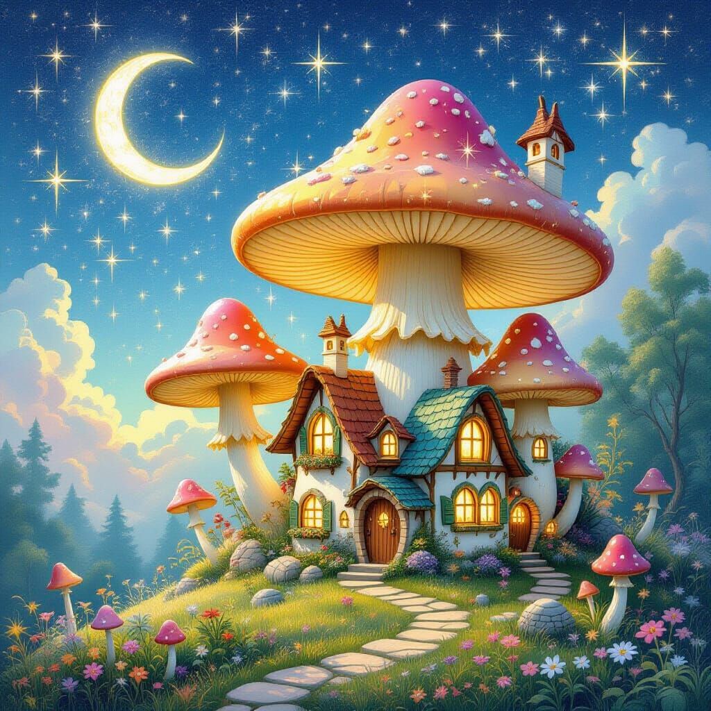 Glowing Fairy Village Under Starry Sky